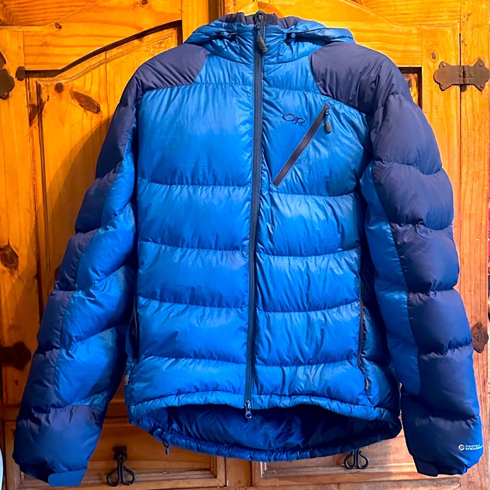 Outdoor Research puffy insulated winter jacket with hood. Great condition. Blue.